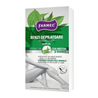 Farmec benzi depilatoare pentru corp ceara gel cu extract de ceai Matcha si bambus 16 bucati